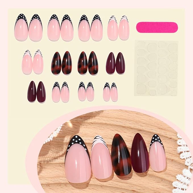 Brown Press on Nails Short Almond Fake Nails Fall Winter Nails Press ons with Tortoise,Polka Dots Design,Reusable Artificial Nail Full Cover Stick on Nails for Women Manicure 24Pcs