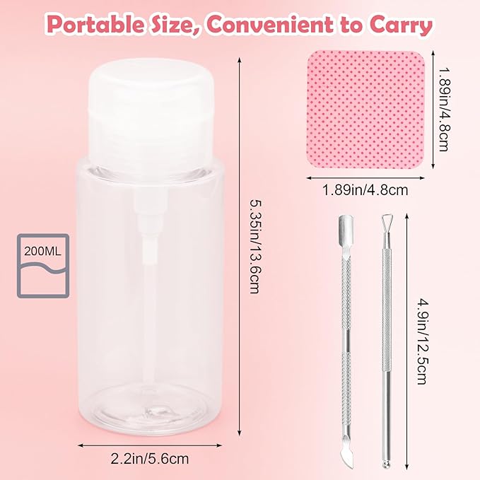 1080 + 3 Pcs Lint Free Nail Wipes Kit, Disposable Nail Polish Remover Pads Non-Woven Nails Eyelash Extensions Wipes, Nail Polish Remover Wipes with 200 ML Bottle, 2 Pcs Cuticle Pusher (Pink)