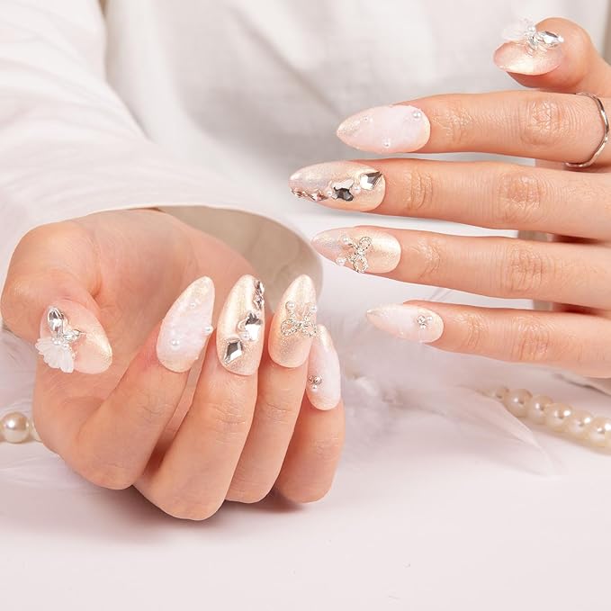LOVFUL Press on Nails Sweet Swing | Handmade with Full Covered Crystals | Reusable Fake Nails | Almond Regular 1.0 in | H295-S
