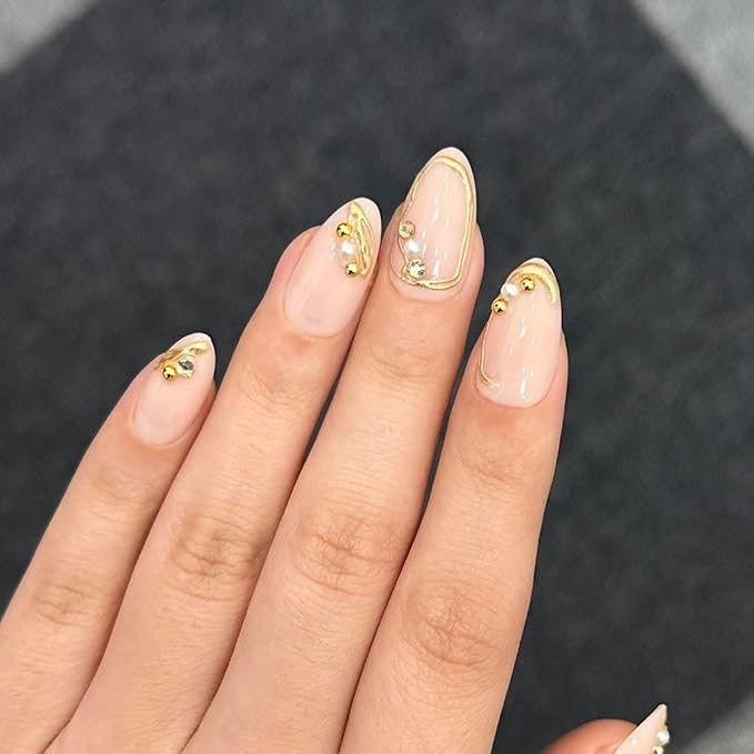 Short Almond Press on Nails with French Tip & 3D Gold Line Pearl Charms Design, Glossy Full Cover Acrylic False Nails with Glue, Reusable Stick-on Fake Nails for Women- Fall Nail Art Gift