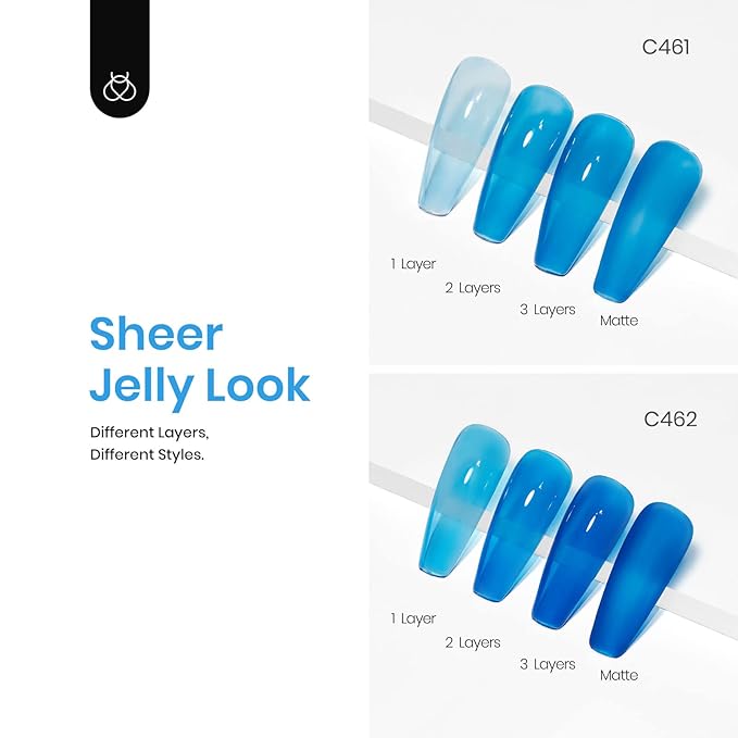 Beetles Blue Gel Polish, 6 Colors Jelly Blue Gel Polish Sliver Glitter Nude Gray Translucent Nail Polish Chasing Breeze Jelly Gel Nail Art Design UV Led Soak off Nails Manicure for Girls Women