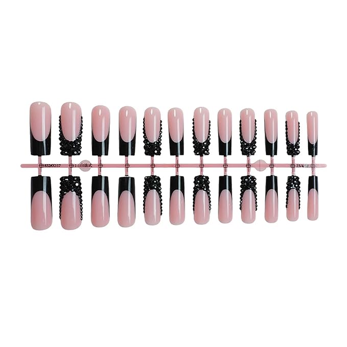Long Press on Nails Square Black French Tip Fake Nails Rhinestones Full Cover Nails Press ons Stick on Nails with Designs Glue on Nails Glossy Artificial Nails for Women Manicure 24Pcs