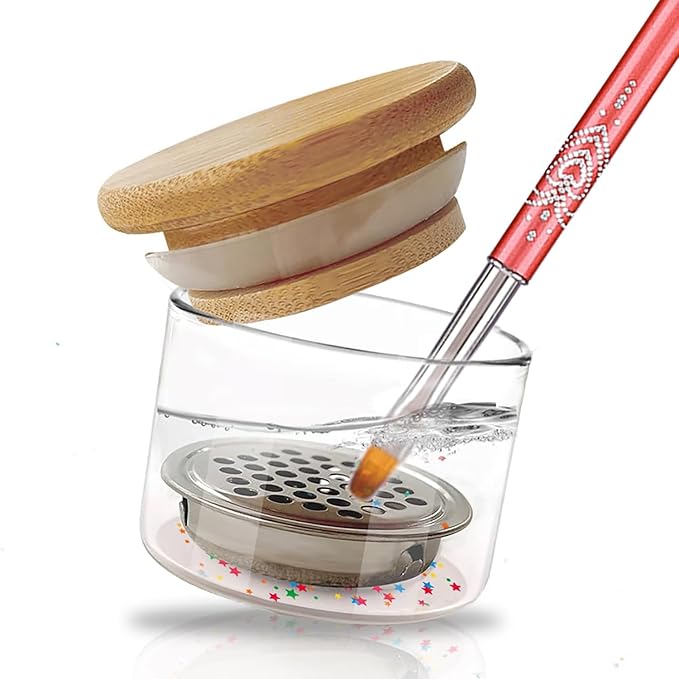 Nail Brushes Washing Cup, Dappen Dish with Lid & Mesh Layered Acrylic Nail Brush Cleaner Nail Art Brushes Washer for Nail Sequins Glitter Powder Manicure Brush Clean Cup Nail Tool