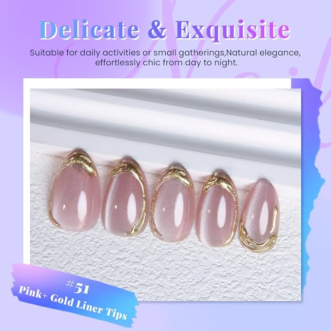 evpct Pink Cat Eye Press on Nails Short Almond with Gold Liner Design, Gold French Tip Stick on Nail for Women Gift with Kit, Reusable Full Cover Soft Gel Press on Fake Nail with Cat Eye Design