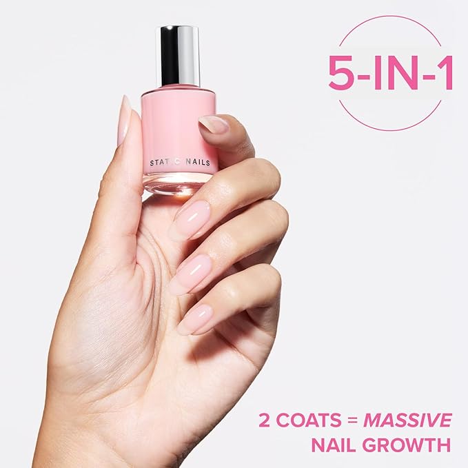 Static Nails 5-in-1 Rapid Growth Treatment Polish, Clinically Proven Hardener & Strengthener, Built-in Top & Base Coat, Quick Dry Formula, Repairs & Lengthens – Signature Pink (Light Pink) 0.4 Fl Oz