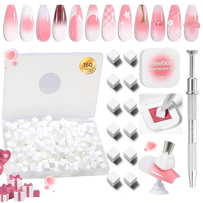 Beetles 150Pcs Soft Nail Sponges for Ombre, White Nail Sponge with Grabbing Pen, Pink Pat Painting Gel Polish Kit for Gradient Ombre Blush Chrome Design Nails Art Tools, Home DIY Salon Manicure