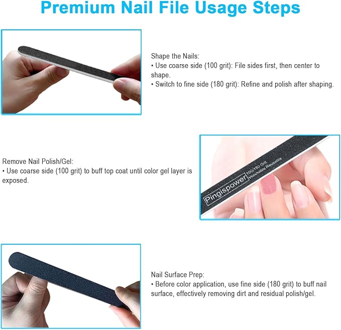 Nail File Kit (14 Pack), Professional Reusable Emery Boards Nail Files for Natural & Acrylic Nails, 100/180 Grit Double Sided & Washable Manicure Kit for Women and Men, Home Salon & Travel
