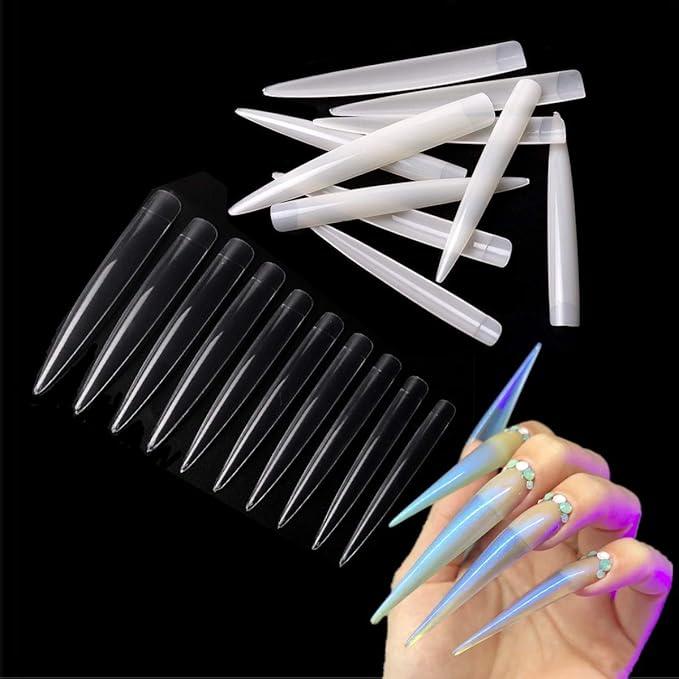240Pcs XXL Extra Long Stiletto False Nail Tips Clear Natural Half Cover Nails Fake Tip Sharp End 10 Sizes Acrylic Fake Nail with Bag for DIY Nail Salons Manicure Supply