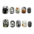 Nightmare Before Christmas Press On Nails Short Square – Glossy Grey Fake Nails with Pumpkin Ghost House Black Cat Design, Multi-Layer Gel Acrylic Nails (Autumn Haunted Story,M)