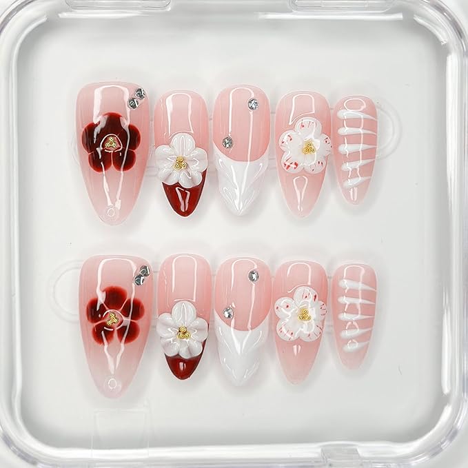 Luxury Press on Nails Medium Almond Handmade 3D Unique Reusable ABS Material Fake Nails Red&White False Nails with Designs Rhinestones Floral Art Petal Glossy Glue on Nails Thick Acrylic Nails(M)