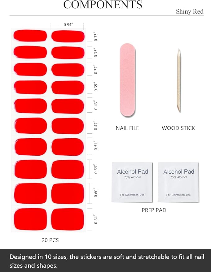 Semi Cured Gel Nail Strips (Shiny Red), 20 Pcs Summer Gel Nail Wraps, Stickers, UV Light Required, Salon Quality, Long Lasting