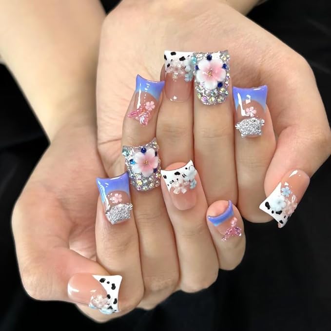 Press On Nails - Handmade French Duckbill Shape Nails, Cute 3D Butterfly and Floral Fake Nails, 10 Pcs Reusable Artificial Sparkling Diamonds False Nails for Women (Size S)