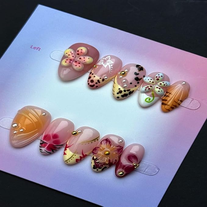 100% Handmade Press on Nails Medium Almond Handmade Nails with Yellow Flower Design Pearl Rhinestones Fake Nails Glossy Ombre Nail Press ons Reusable Spring Summer Acrylic Nails for Women Size M 10Pcs