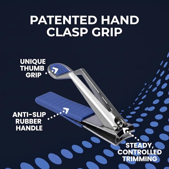 Nail Clippers, Stylish, Comfortable for Seniors, Fingernails, Premium Stainless Steel, Curved Edge, Wide Jaw, Ergonomic, Thumb Rest, Comfort Cuts, Women, Men, Teens, Special Needs, (Blue)
