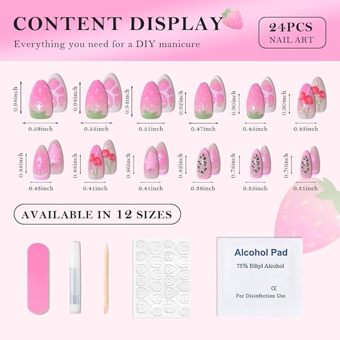 3D Press on Nails Medium Almond with Pink Strawberry Design, White Paw Print Fruite Nail Press ons Glossy Stick on Nails for Women Reusable with Kit, Stick on Cute Fake Nail with Designs Perfectly Fit