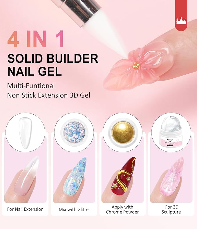 100% 4-in-1 Solid Builder Gel for Nails and Gold Chrome BISHENGYF:【No.1 Upgrade Non-Sticky Hand】3D Gel Nail Art with Glitter Silver Gold Chrome Powder Clear 3D Hard Sculpting&Extension for DIY