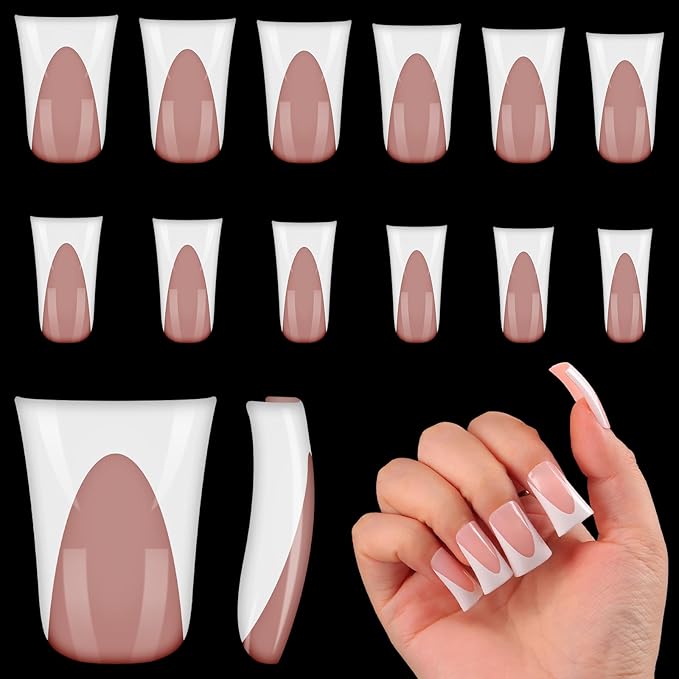 outopen 120pcs Duck Nail Tips Short Caramel Pink French Duck Tips Full Cover Fan Flare Duck Tips for Wide Press on Nail Crystal Duck Feet Nail Tips for Polygel Acrylic Extension, 12 Sizes