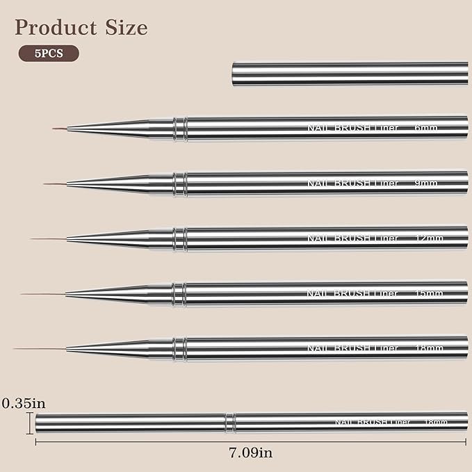 Laza Nail Art Brushes, 5pcs Nail Art Liner Brushes for UV Gel Polish, Painting Art Design Brush for Long Lines, Thin Details, Fine Drawing Sizes 6/9/12/15/18mm for Manicure DIY Nail Design