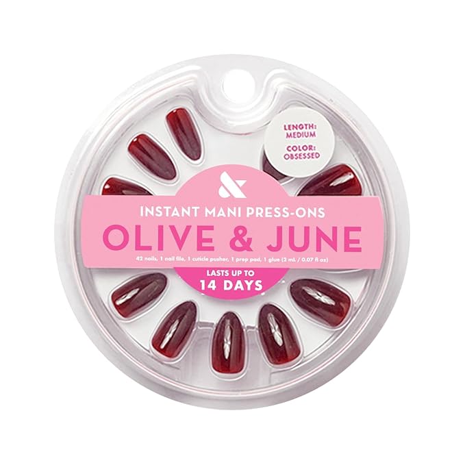 Olive & June Instant Mani Press-On Nails (Glue) | 42 Fake Nails, 21 Sizes | Non-Toxic, Long-Lasting Recycled Materials Realistic Look | Salon-Quality at Home | Medium, Almond | Obsessed