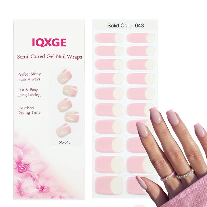Clear Semi Cured Gel Nail Strips French Tip 20Pcs Dusty Pink UV Gel Nail Stickers Glossy Nails Polish Strips UV/LED Light Needed Self Adhesive Full Polish Nails Wraps for Women