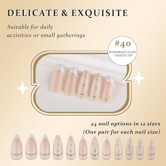 3D French Press on Nails Medium Almond with Bohemian Stars Design, Nude Nail + White Tip Glossy Stick on Nails for Women with Kit, Reusable Soft Gel Stick on Fake Nail with French Design Perfectly Fit