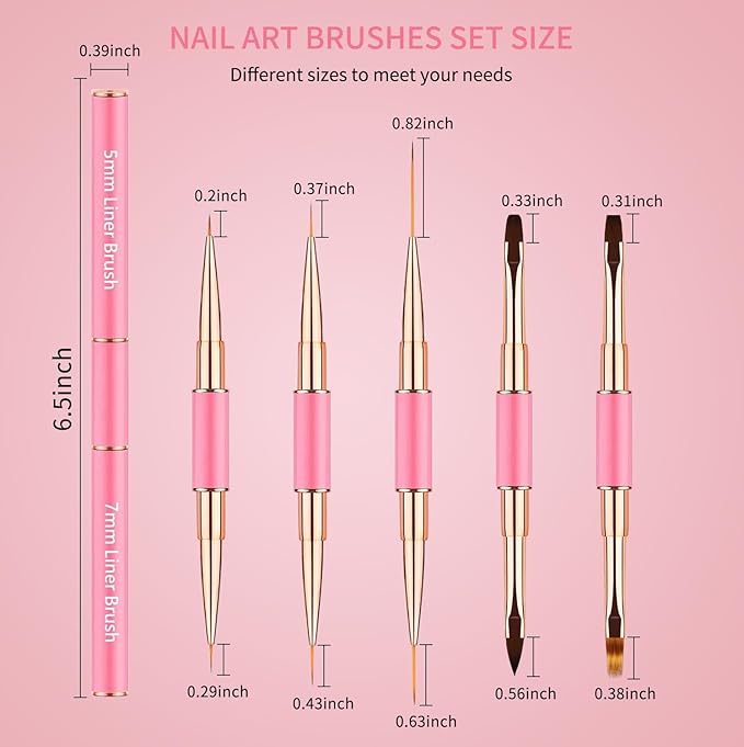 Nail Art Brushes Set - Professional 5pcs Double-Ended Acrylic Nail Art Brushes Liner Detail Thin Brushes For Drawing Design Brushes Gel Builder Brushes 3D Nail Art Tools (Pink)