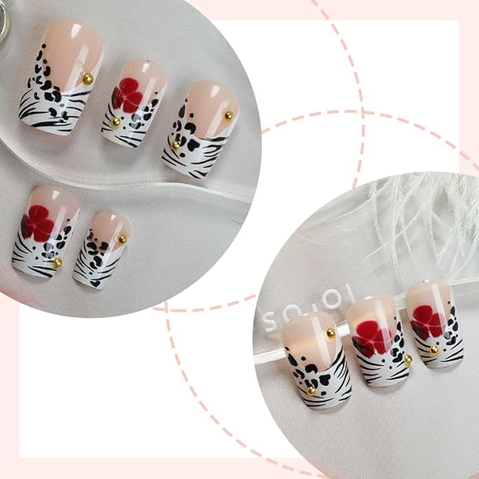 Press on Nails Almond Leopard Flower French Fake French Fake Nails Reusable Nail Kit with Nail Glue Adhesive Tabs Mini Nail File for Women Manicure Art Decoration 24PCS