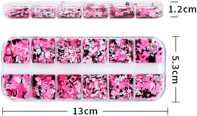 12 Grids 3D Nail Pink Sequins Cute Rabbit Decals Black Shiny Heart Glitter Mixed Shape Sticker Manicure DIY Tips