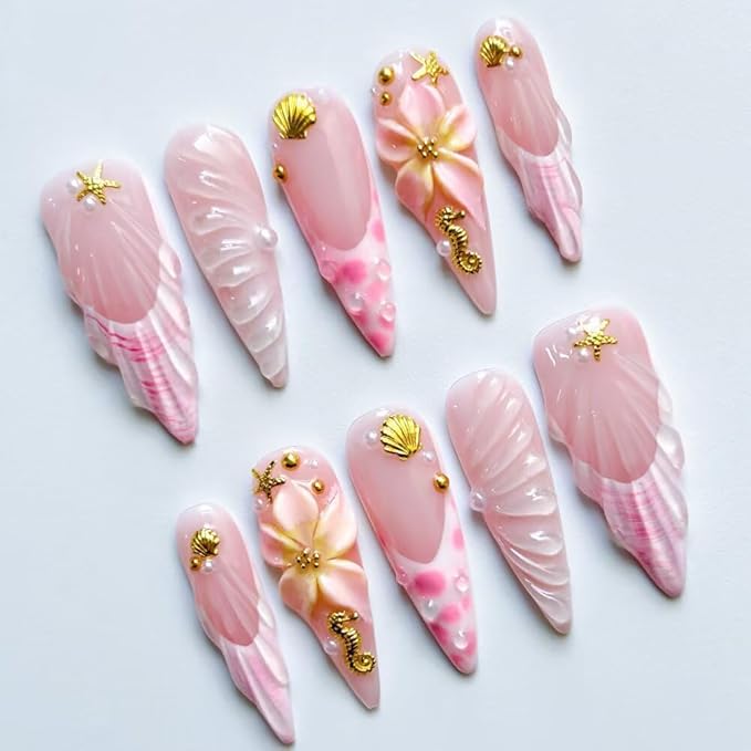 10Pcs Press On Nails - MAGLFELL Handmade Stiletto Pink Fake Nails, 3D Pink Carved Flower, and Gold Plated Accessories Design, Reusable Artificial False Nails for Women Acrylic Nails Kit (Size M)
