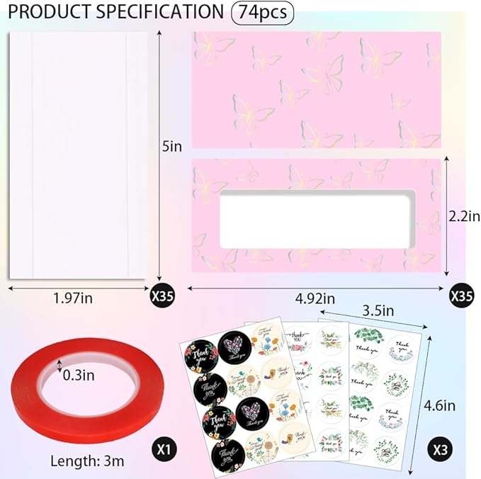 74PCS Press on Nails Packaging Box Set Includes 35PCS Empty Nail Package Box 35PCS White Background Paper 1 Double Sided Tape and 3 Thank You Stickers for Press on Nail Business