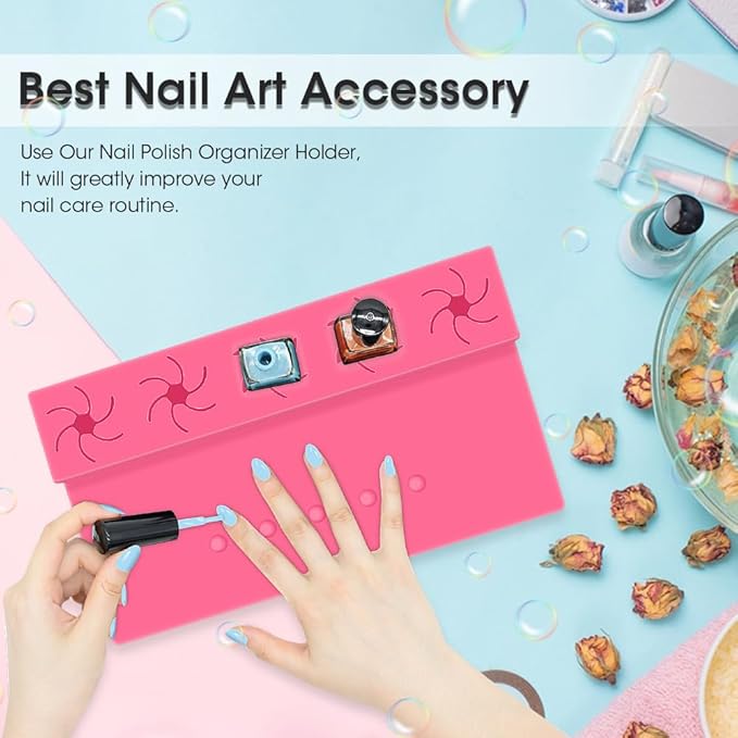 Nail Polish Holder,Silicone Hand Rest Mat Fingernail Painting Tools 2 in 1 Art Accessories Organizer Case Set with Anti-Spill Bottle Stand and Finger Separators for Pedicure Manicure-Rose Red