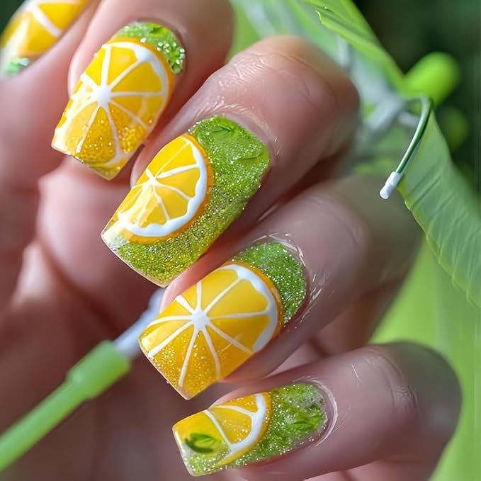 Square Press on Nails Medium - Green Fake Nails with Leaf Fruit Pattern Design - Summer Full Cover Stick on Nails - for Women 24 Pcs