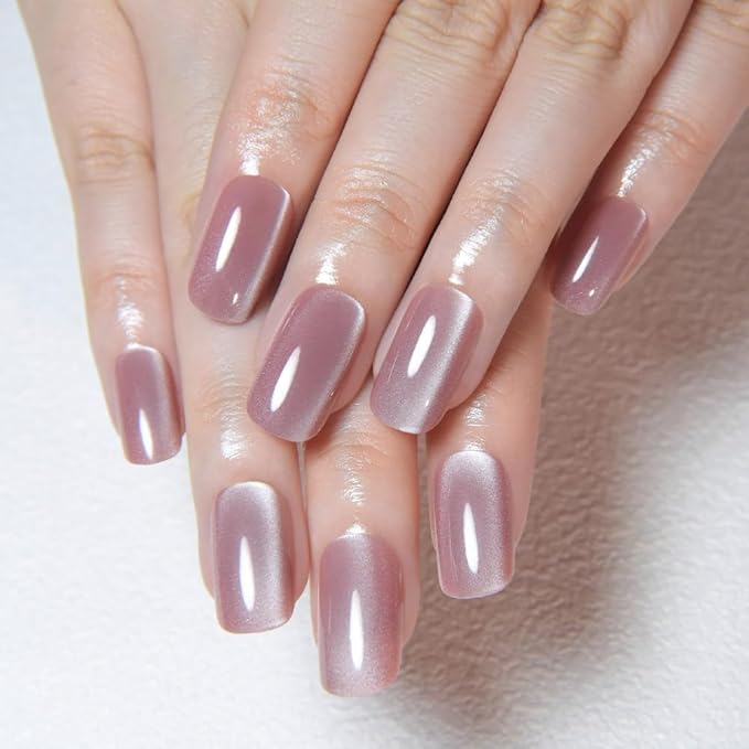 Mauve Pink Cat Eye Press on Nails Medium Square, Medium Square Press Stick on Nails Chrome for Women Gift, Mauve Holographic Glitter Glossy Reusable Gel Acrylic Fake Nail with Designs Cateye Effect