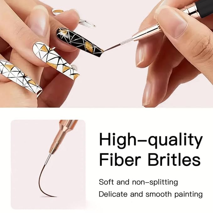 10 Pcs Nail Art Liner Brushes & Painting Art Design Pen Set, Diamond Application Rhinestone Handle, Line Dotting Drawing Sizes 7 9 11 20 25mm, Black