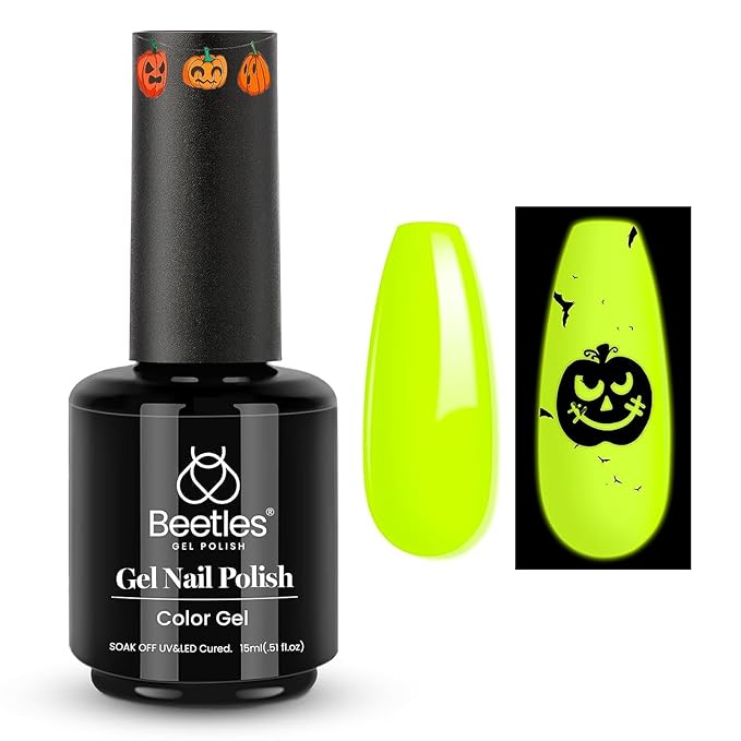 Beetles Gel Nail Polish – Luminous Yellow Glow in the Dark Green Gel Polish, Noctilucent Green Luminous Color Soak Off U v LED Lamp DIY Manicure 0.5Oz