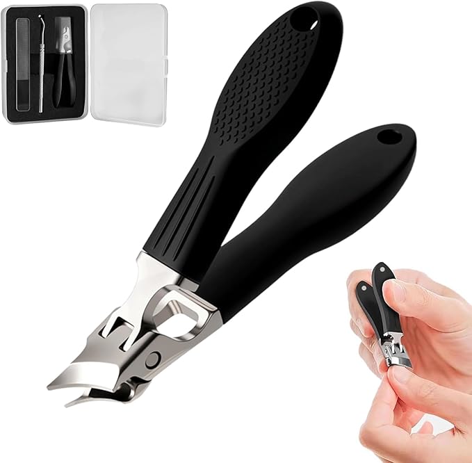 Wide Jaw Opening Anti-Splash Slanted Nail Clipper 3PCS Set with Case, Household Fingernail and Toenail Clippers Set for Ingrown Nails & Thick Nails (Black)