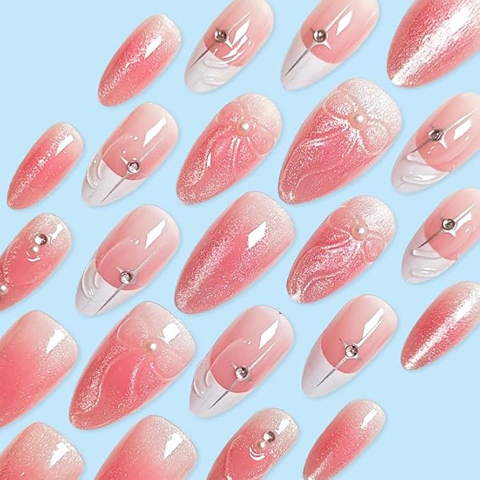 Almond Press on Nails Short Pink Fake Nails Cat Eye False Nails Finish Cute Glue on Nail French Tip Acrylic Nails Bow full Cover Stick on Nail for Women Manicure Nail Decoration 24Pcs