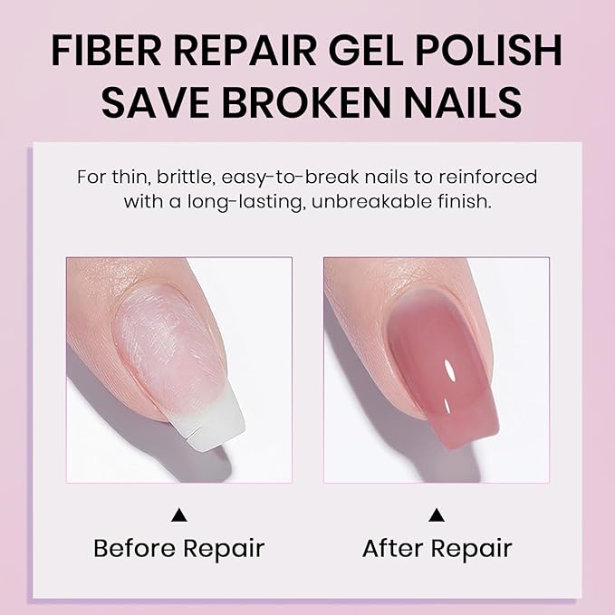RARJSM Rosy Pink Fiber Glass Rubber Base Nude Sheer Jelly Glassy Amber Gel Nail Polish for Repair Broken Nails Strengthener Base Color Brush on Building Gel in a Bottle Curing Requires 15ml