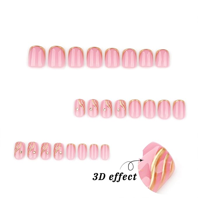 Press on Nails Square Fake Nails French Tip False Nails with Gold Line Star Design Glue on Nails Press ons Short Acrylic Nail Glossy Full Cover Stick on Nail for Women Manicure 24Pcs