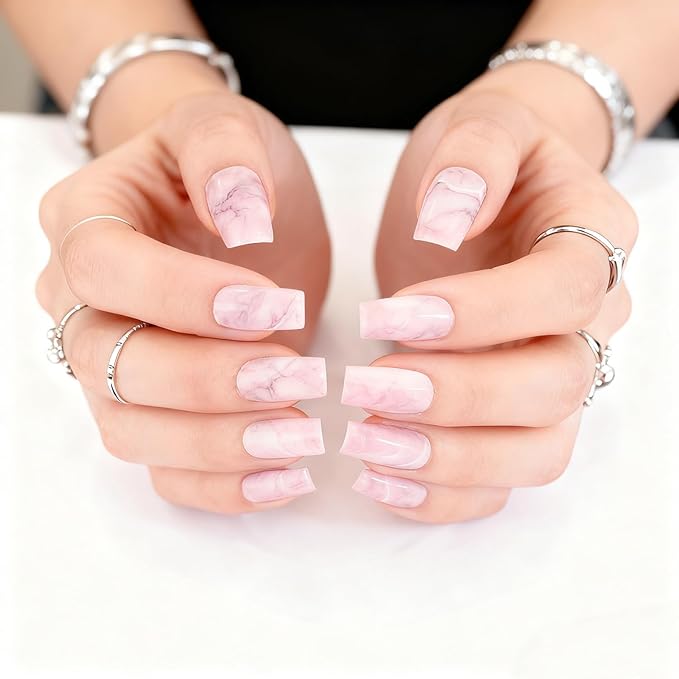 Shiny Pink Marble Artificial Nails Square Medium Size Fake Pre-designed Nail Art Kit for Women Wear Tool Z836