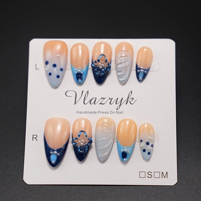 Handmade Press On Nails, Blue French Tip Winter Medium Almond Nails with 3D Flower Art | Reusable Fake Nails Kit for Women, Salon-Quality Glue-On False Nails（10PCS)