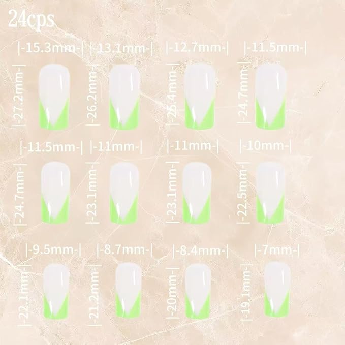 press on nails [24 Pack] Push On Green Beveled French French Nails | Reusable Slides | Thin and Breathable | Comes with Tool Bag | Fingertip Art (Daily, Party, Wedding, Gift)