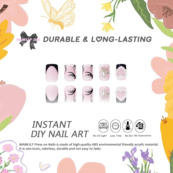Press on Nails Short Square MABKJLF French Tip Fake Nails Black & White False Nails Stars Pearls Heart Charms Designs Glossy Glue on Nails Stick on Nails for Women Girls 24 Pcs