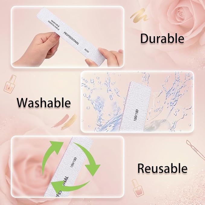 25PCS Professional Rectangular Emery Board Nail Files, 100/180 Grit Dual-Sided Buffer, Reusable Nail Filing Tools for Natural & Acrylic Nails, Home & Salon Manicure Supplies