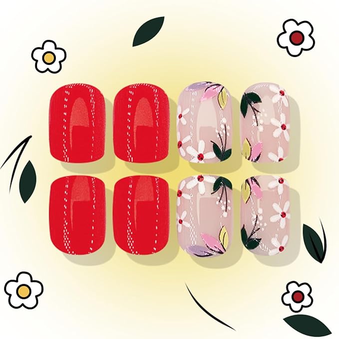 Flower Press on Nails Short Square Fake Nails Red False Nails Press ons with Floral Designs Spring Acrylic Nails Full Cover Glue on Nails Artificial Stick on Nails for Women Manicure 24Pcs