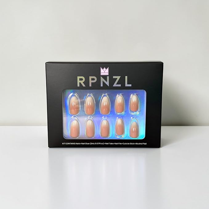 Press On Nails - Cappuccino | Ombre Design French Tip, UV Finish Almond Nails, Salon Quality | 32 Nails, 16 Sizes Kit with Glue and Adhesive Tabs I Female Founded