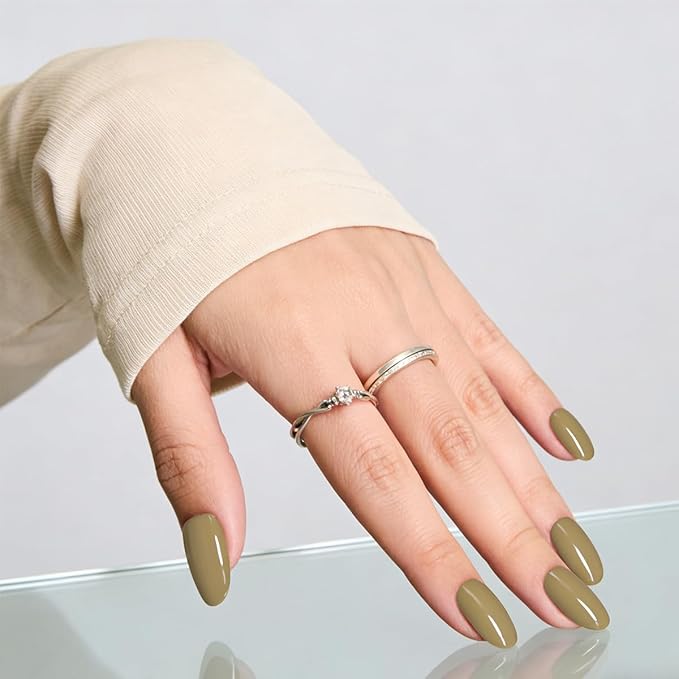 New Press On Nails,Medium Soft Gel Oval Fake Nail Kit With Nail Glue,30-Piece-15 Sizes Durable Reusable Press On Nails for Women Gift(light khaki)