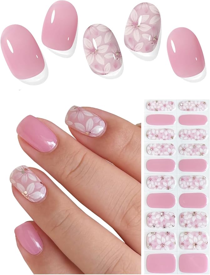 Semi Cured Gel Nail Strips (Violet), Pink Flower, 20 Pcs Gel Nail Wraps, Stickers, Salon Quality, Long Lasting, Works with Any UV Lamps