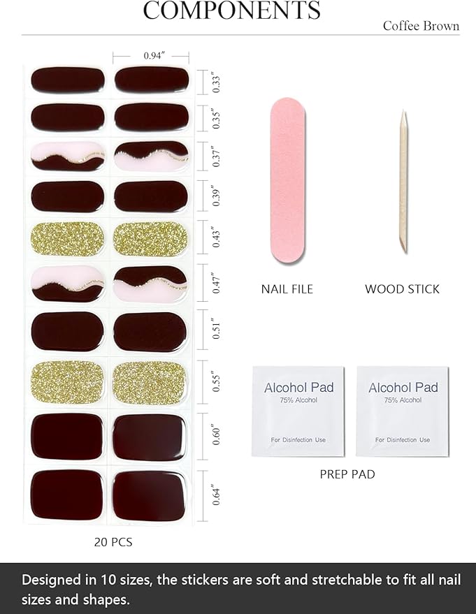Semi Cured Gel Nail Strips (Coffee Brown), Gold Glitter Line, 20 Pcs Gel Nail Wraps, Stickers, Salon Quality, Long Lasting, Works with Any UV Lamps