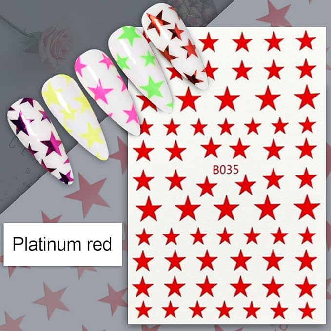 Star Nail Stickers 8 Sheets - Includes Holographic & Aurora Colors, Assorted Shades (Red, Black, Gold, Silver), Self-Adhesive Nail Decals for Women DIY Manicure